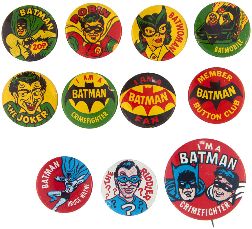 Hake's - TEN BATMAN BUTTONS IN THE SCARCE 1” SIZE PLUS “CRIMEFIGHTER”.