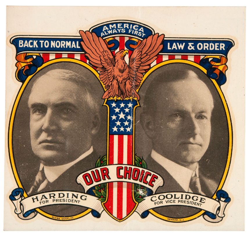 Hake's - HARDING & COOLIDGE JUGATE DECAL WITH THREE CAMPAIGN SLOGANS.