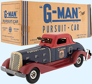 VINTAGE LOUIS MARX G - MAN PURSUIT TIN WINDUP TOY CAR — PA Toys of Times  Past